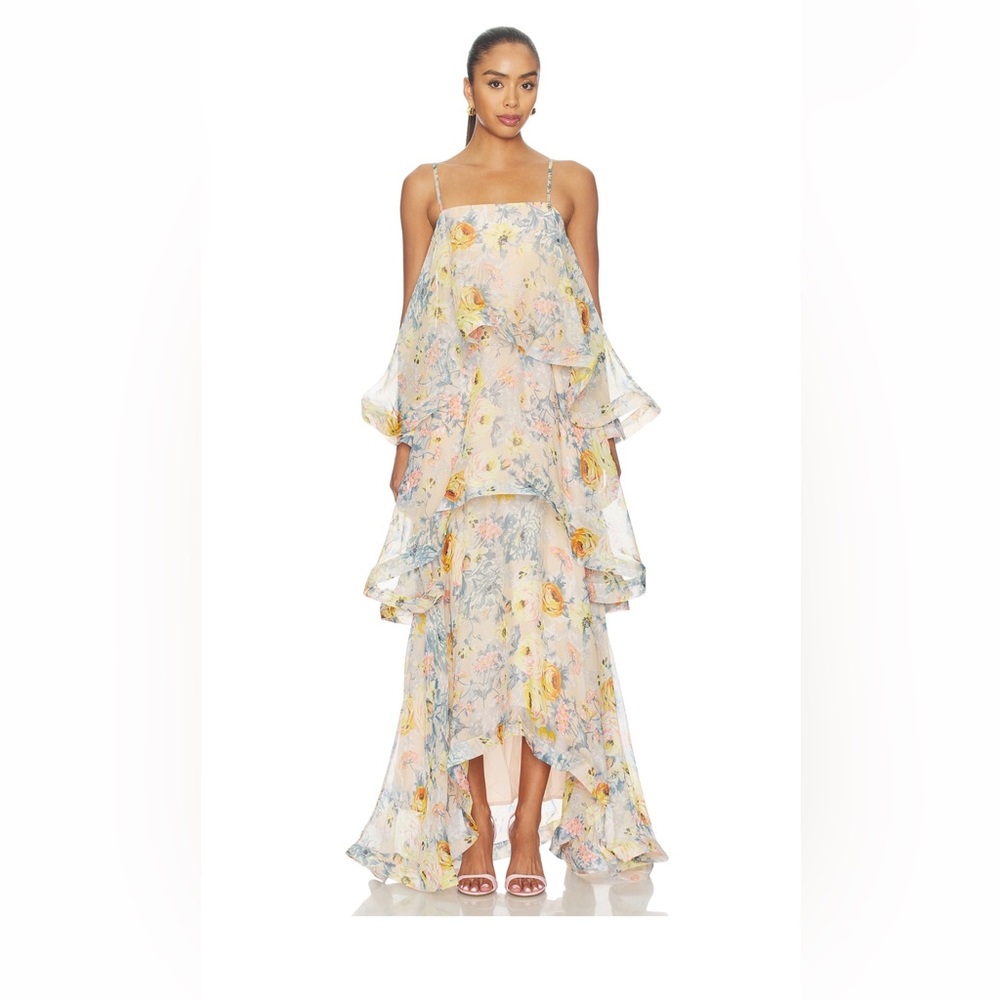 ELLIATT PASTEL FLORAL HIGH-LOW TIERED CHIFFON DRESS